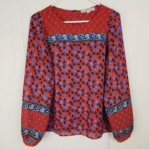 Loft red and blue mixed floral top Size Med Boho Hippie Peasant Retro